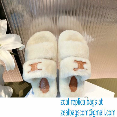 Celine Fur Triomphe Open Slides in Shearling White 2021 - Click Image to Close