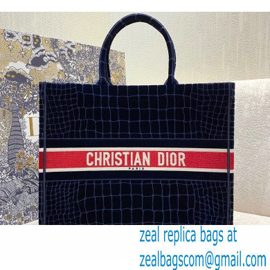 Dior Book Tote Bag in Crocodile-Effect Embroidered Velvet Blue 2021 - Click Image to Close