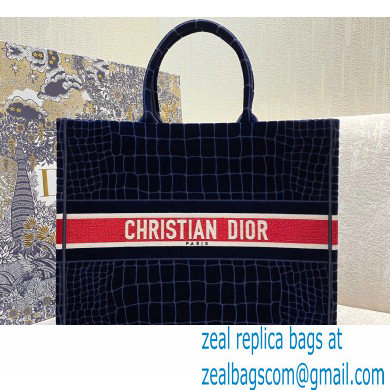 Dior Book Tote Bag in Crocodile-Effect Embroidered Velvet Blue 2021