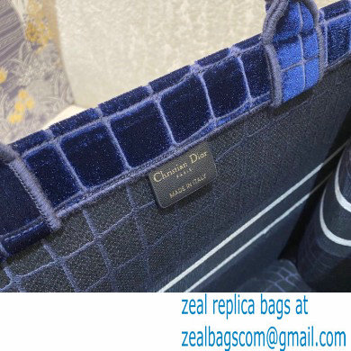 Dior Book Tote Bag in Crocodile-Effect Embroidered Velvet Blue 2021