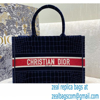 Dior Small Book Tote Bag in Crocodile-Effect Embroidered Velvet Blue 2021 - Click Image to Close