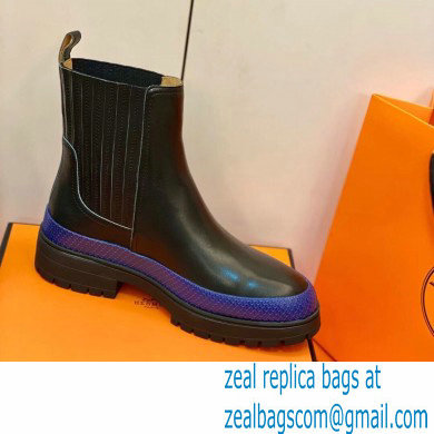 Hermes Barque Ankle Boots Black/Blue Handmade - Click Image to Close