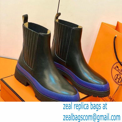 Hermes Barque Ankle Boots Black/Blue Handmade - Click Image to Close