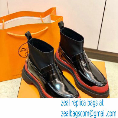 Hermes Heel Brushed Leather Ankle Boots Black/Red Handmade - Click Image to Close