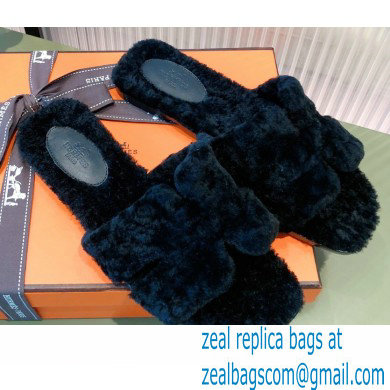 Hermes Shearling Woolskin Oran Sandals Black 2021 - Click Image to Close