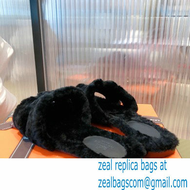 Hermes Shearling Woolskin Oran Sandals Black 2021 - Click Image to Close