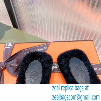 Hermes Shearling Woolskin Oran Sandals Black 2021