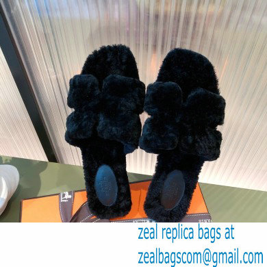 Hermes Shearling Woolskin Oran Sandals Black 2021 - Click Image to Close