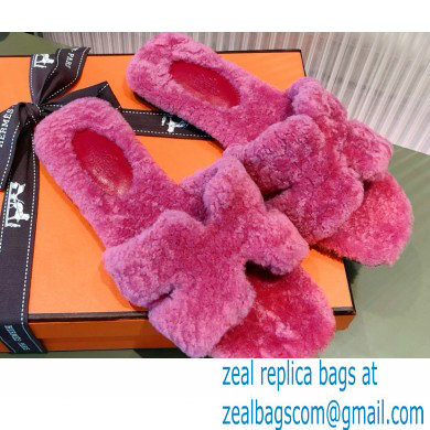 Hermes Shearling Woolskin Oran Sandals Fuchsia 2021