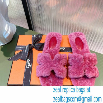 Hermes Shearling Woolskin Oran Sandals Fuchsia 2021