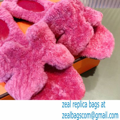 Hermes Shearling Woolskin Oran Sandals Fuchsia 2021