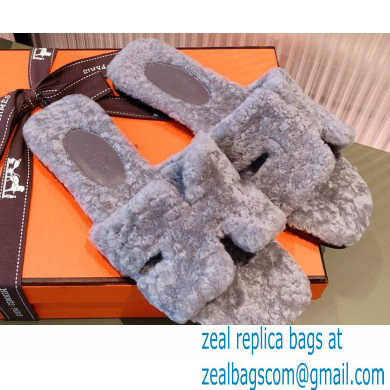 Hermes Shearling Woolskin Oran Sandals Gray 2021