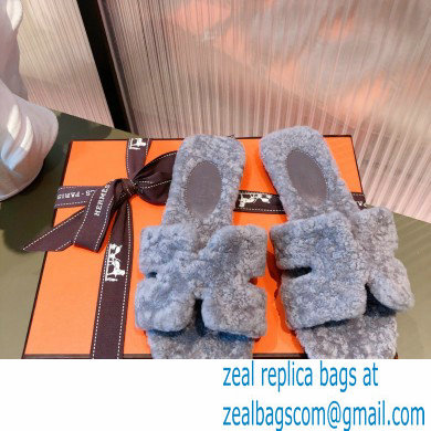 Hermes Shearling Woolskin Oran Sandals Gray 2021