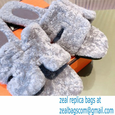 Hermes Shearling Woolskin Oran Sandals Gray 2021