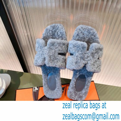 Hermes Shearling Woolskin Oran Sandals Gray 2021