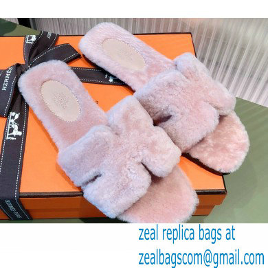 Hermes Shearling Woolskin Oran Sandals Light Pink 2021
