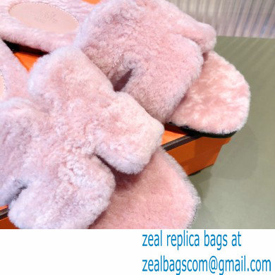 Hermes Shearling Woolskin Oran Sandals Light Pink 2021