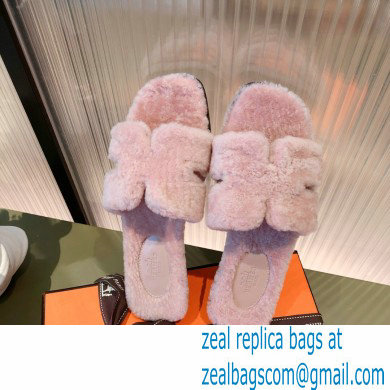 Hermes Shearling Woolskin Oran Sandals Light Pink 2021