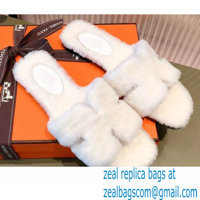 Hermes Shearling Woolskin Oran Sandals White 2021 - Click Image to Close