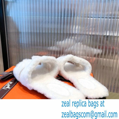 Hermes Shearling Woolskin Oran Sandals White 2021 - Click Image to Close