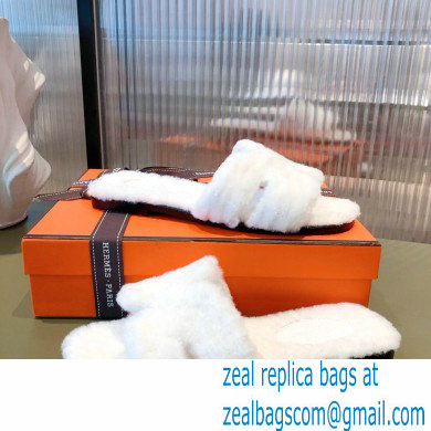 Hermes Shearling Woolskin Oran Sandals White 2021 - Click Image to Close