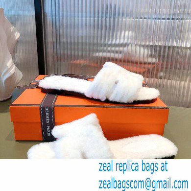 Hermes Shearling Woolskin Oran Sandals White 2021