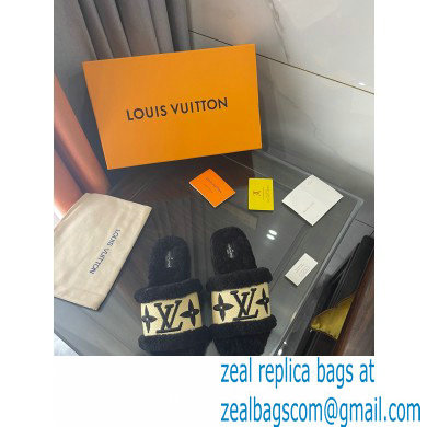 Louis Vuitton Shearling and Raffia Lock It Flat Mules Black 2021 - Click Image to Close