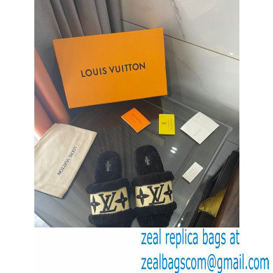 Louis Vuitton Shearling and Raffia Lock It Flat Mules Black 2021