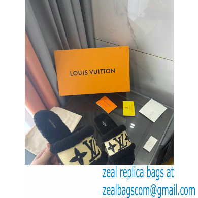 Louis Vuitton Shearling and Raffia Lock It Flat Mules Black 2021 - Click Image to Close