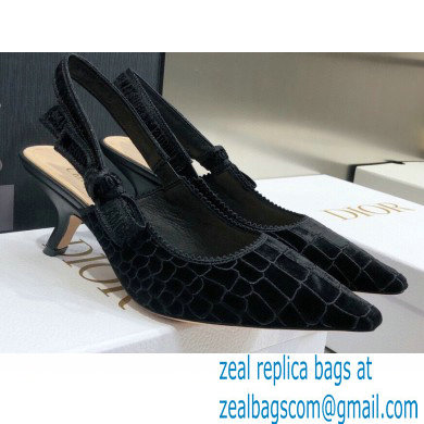 Dior Heel 6.5cm J'Adior Slingback Pumps Crocodile-Effect Embroidered Velvet Black 2021