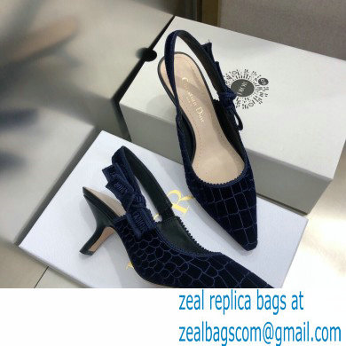 Dior Heel 6.5cm J'Adior Slingback Pumps Crocodile-Effect Embroidered Velvet Dark Blue 2021 - Click Image to Close