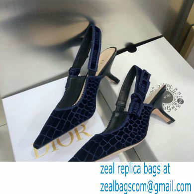 Dior Heel 6.5cm J'Adior Slingback Pumps Crocodile-Effect Embroidered Velvet Dark Blue 2021