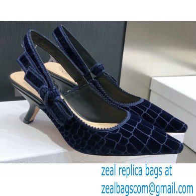Dior Heel 6.5cm J'Adior Slingback Pumps Crocodile-Effect Embroidered Velvet Dark Blue 2021