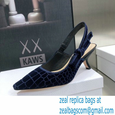 Dior Heel 6.5cm J'Adior Slingback Pumps Crocodile-Effect Embroidered Velvet Dark Blue 2021