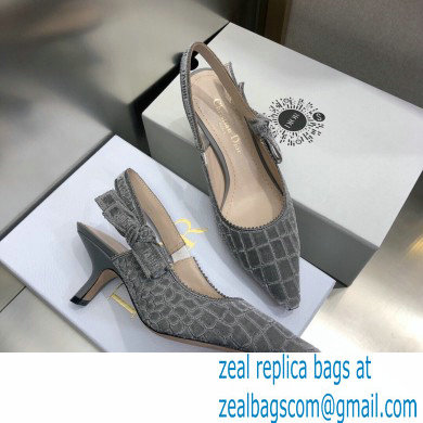 Dior Heel 6.5cm J'Adior Slingback Pumps Crocodile-Effect Embroidered Velvet Gray 2021