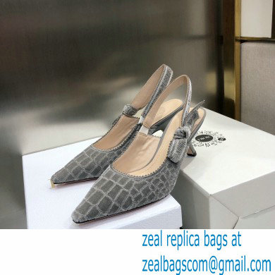 Dior Heel 6.5cm J'Adior Slingback Pumps Crocodile-Effect Embroidered Velvet Gray 2021