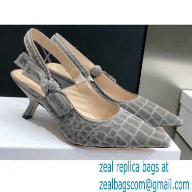 Dior Heel 6.5cm J'Adior Slingback Pumps Crocodile-Effect Embroidered Velvet Gray 2021