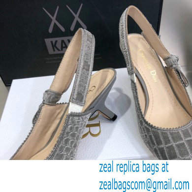 Dior Heel 6.5cm J'Adior Slingback Pumps Crocodile-Effect Embroidered Velvet Gray 2021