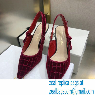 Dior Heel 6.5cm J'Adior Slingback Pumps Crocodile-Effect Embroidered Velvet Red 2021