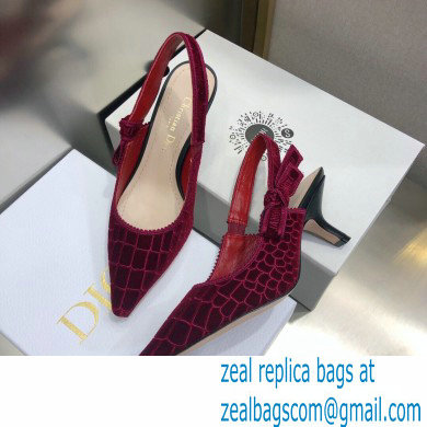 Dior Heel 6.5cm J'Adior Slingback Pumps Crocodile-Effect Embroidered Velvet Red 2021 - Click Image to Close