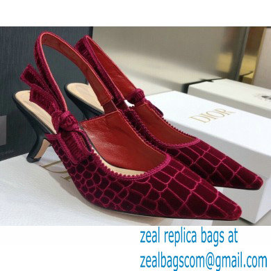 Dior Heel 6.5cm J'Adior Slingback Pumps Crocodile-Effect Embroidered Velvet Red 2021 - Click Image to Close