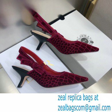 Dior Heel 6.5cm J'Adior Slingback Pumps Crocodile-Effect Embroidered Velvet Red 2021 - Click Image to Close