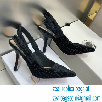 Dior Heel 9.5cm J\'Adior Slingback Pumps Crocodile-Effect Embroidered Velvet Black 2021
