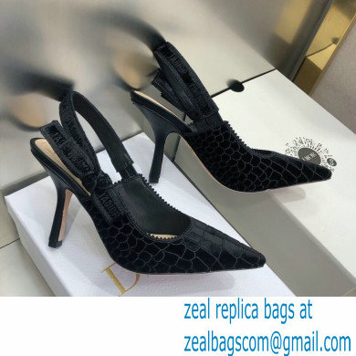 Dior Heel 9.5cm J'Adior Slingback Pumps Crocodile-Effect Embroidered Velvet Black 2021 - Click Image to Close