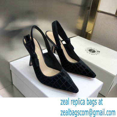 Dior Heel 9.5cm J'Adior Slingback Pumps Crocodile-Effect Embroidered Velvet Black 2021