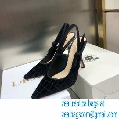 Dior Heel 9.5cm J'Adior Slingback Pumps Crocodile-Effect Embroidered Velvet Black 2021