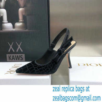 Dior Heel 9.5cm J'Adior Slingback Pumps Crocodile-Effect Embroidered Velvet Black 2021 - Click Image to Close