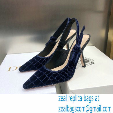 Dior Heel 9.5cm J'Adior Slingback Pumps Crocodile-Effect Embroidered Velvet Dark Blue 2021