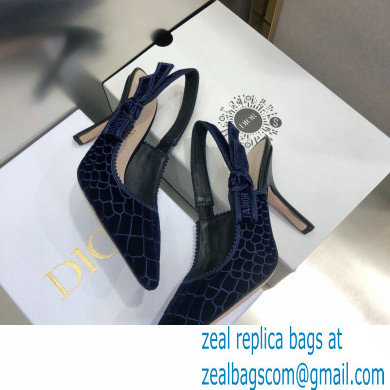 Dior Heel 9.5cm J'Adior Slingback Pumps Crocodile-Effect Embroidered Velvet Dark Blue 2021