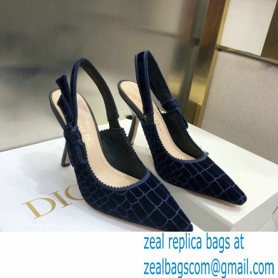 Dior Heel 9.5cm J'Adior Slingback Pumps Crocodile-Effect Embroidered Velvet Dark Blue 2021